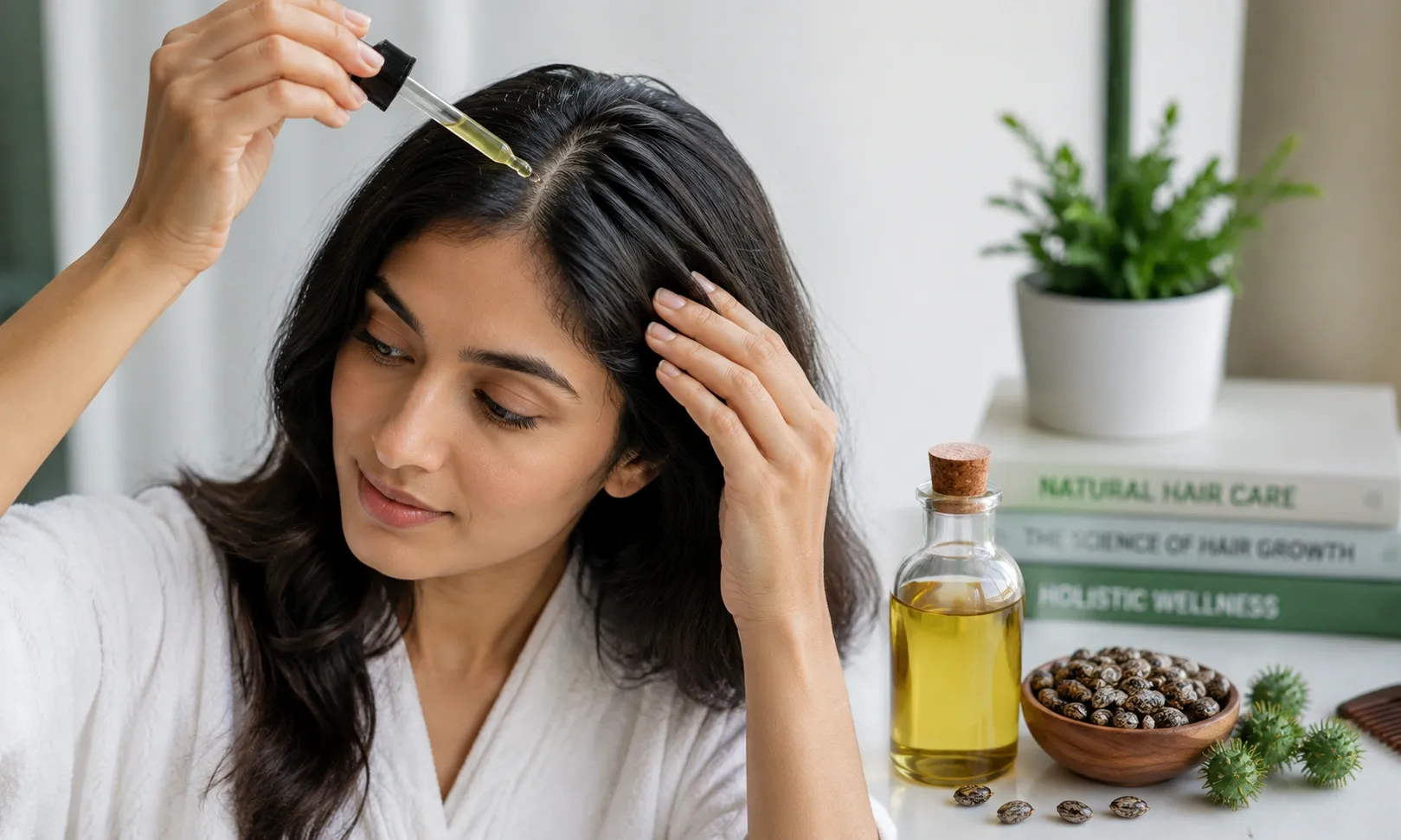 Castor oil applied to hair while reviewing evidence for growth, breakage reduction and scalp risks