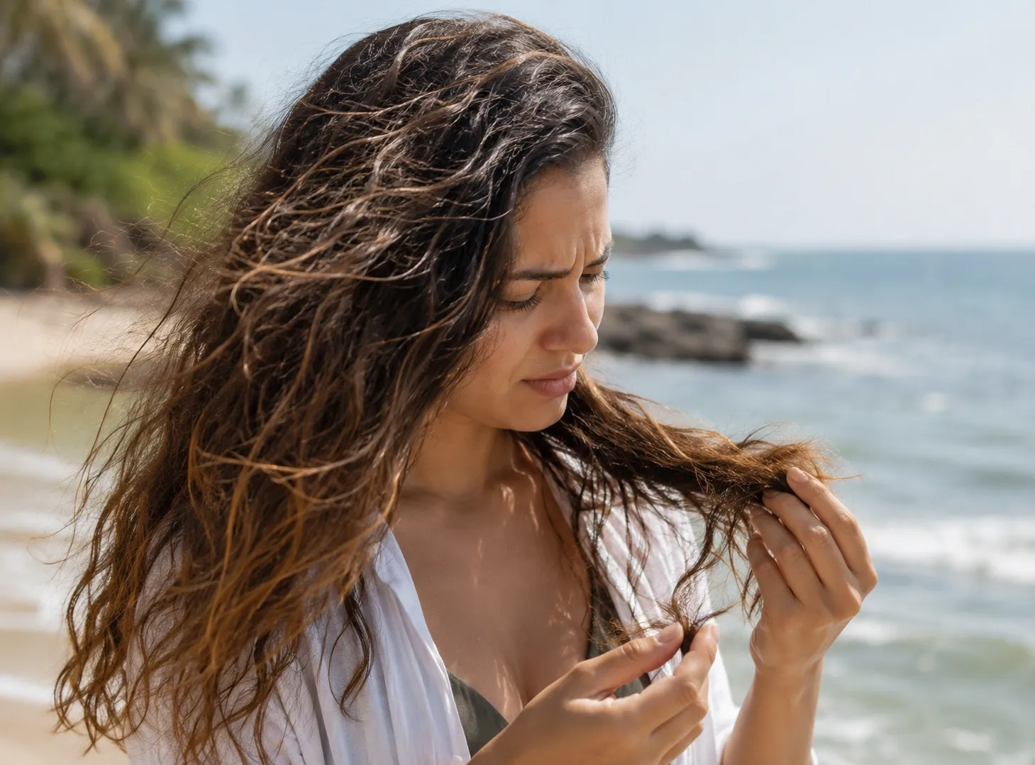 Coastal air and salt-water exposure affecting hair dryness, tangling and breakage
