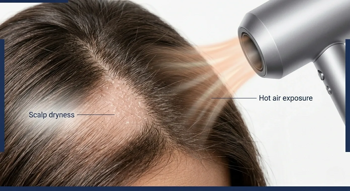 Mild scalp dryness and flaking caused by repeated hot air exposure from a hair dryer.
