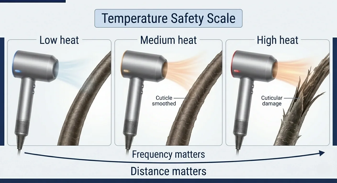 Hair dryer heat level guide showing low, medium, and high heat with different breakage risk levels.