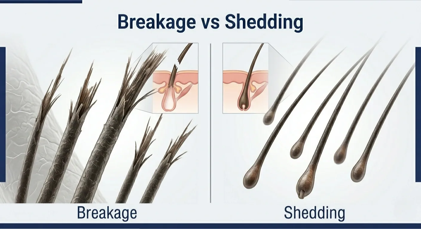Comparison between heat-related hair breakage and full-length hair shedding from the root.