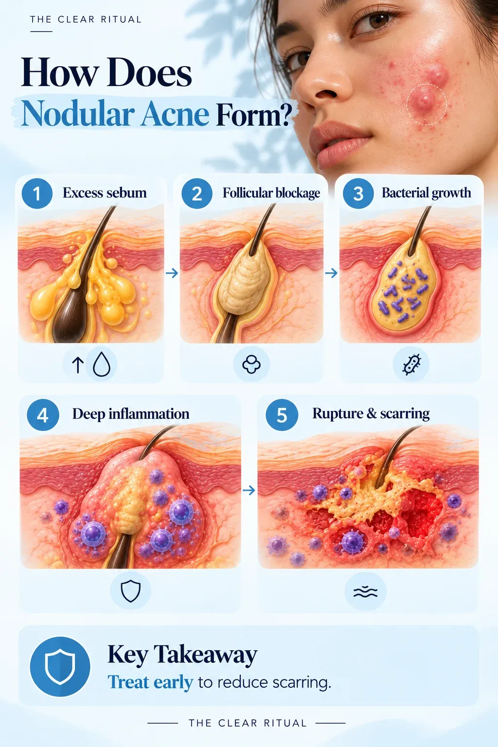 How nodular acne forms in five stages, from excess sebum to inflammation and potential scarring