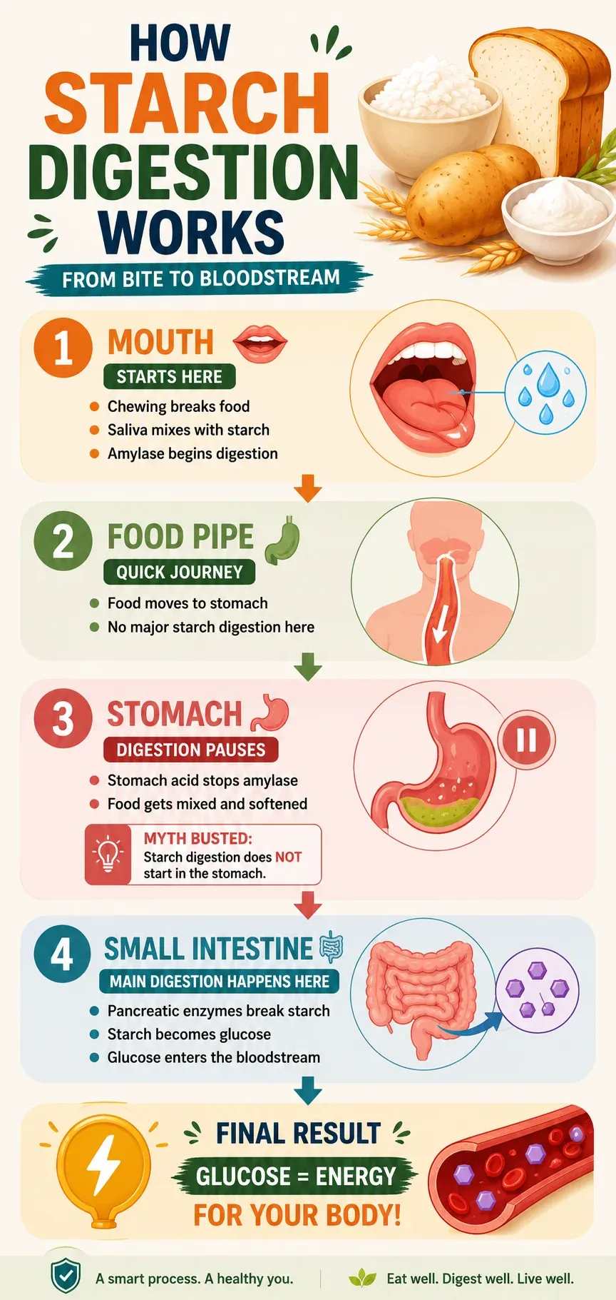 Infographic explaining how starch digestion starts in the mouth, pauses in the stomach and is completed in the small intestine.