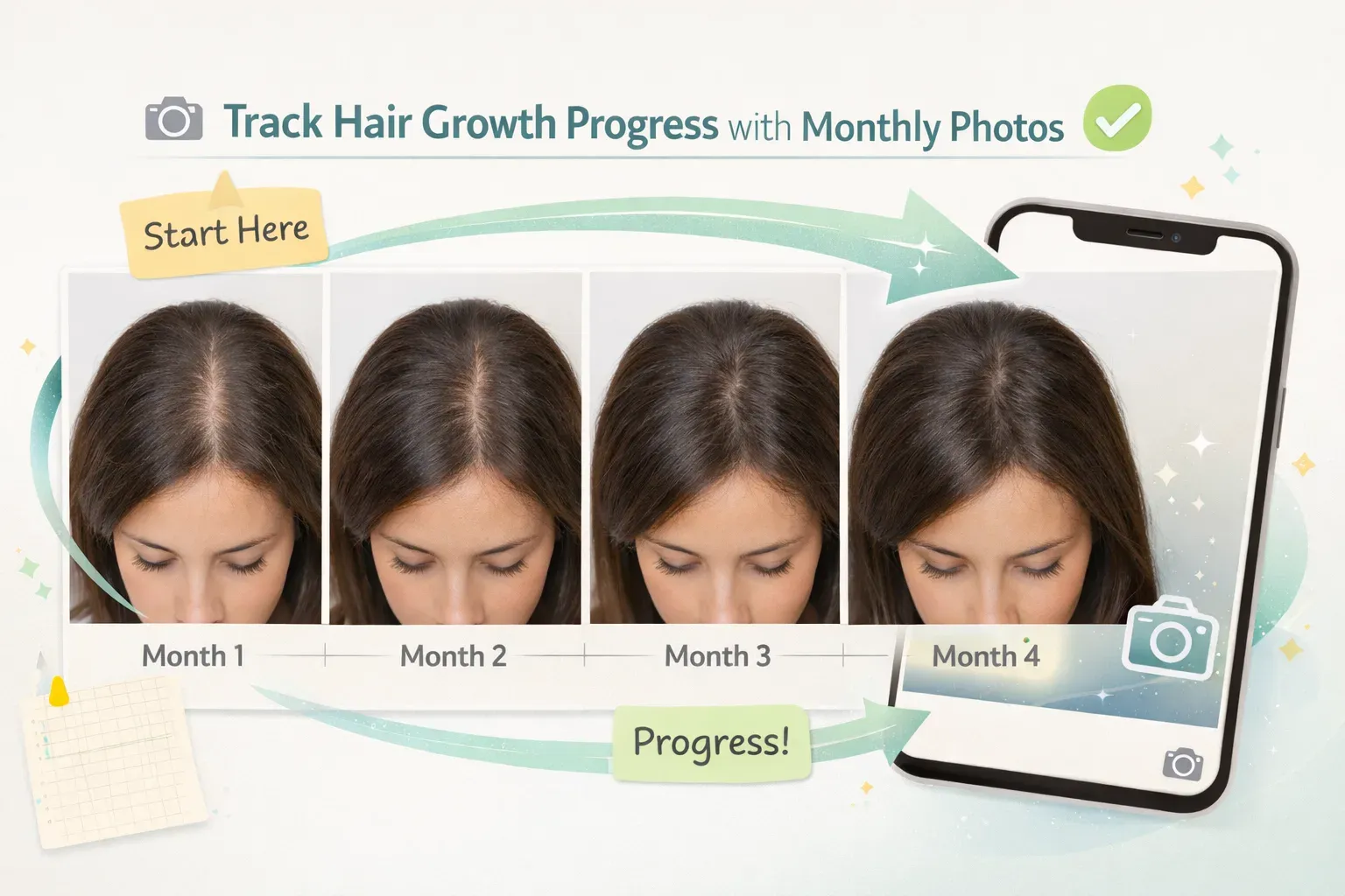 monthly hair growth progress tracking chart with photos and shedding count