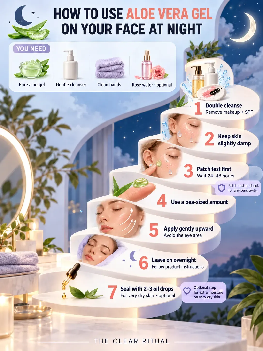 How to use aloe vera gel on your face at night: step-by-step infographic