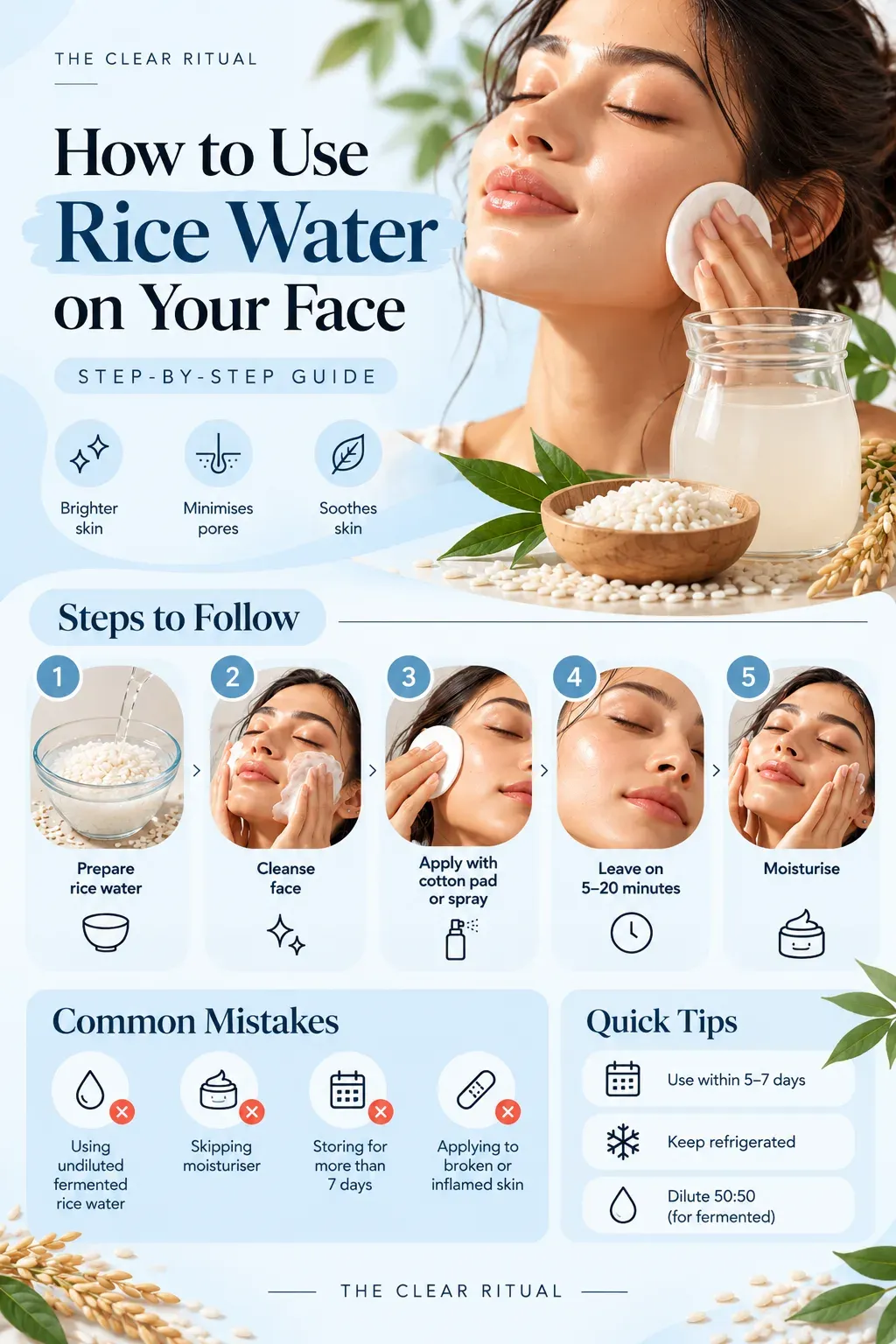 How to use rice water for face, step-by-step infographic