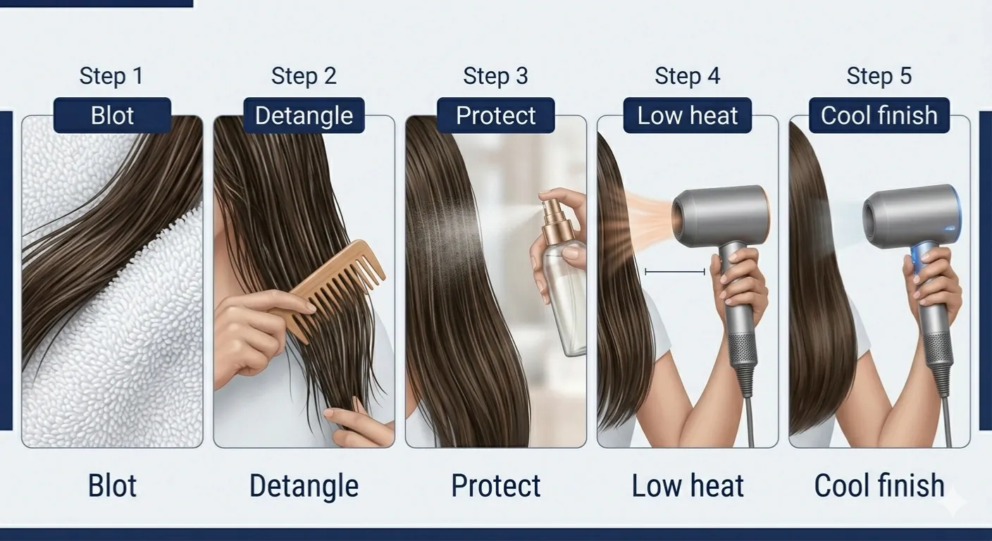 Safe blow-drying routine showing blotting, detangling, heat protection, low heat drying, and a cool finish.