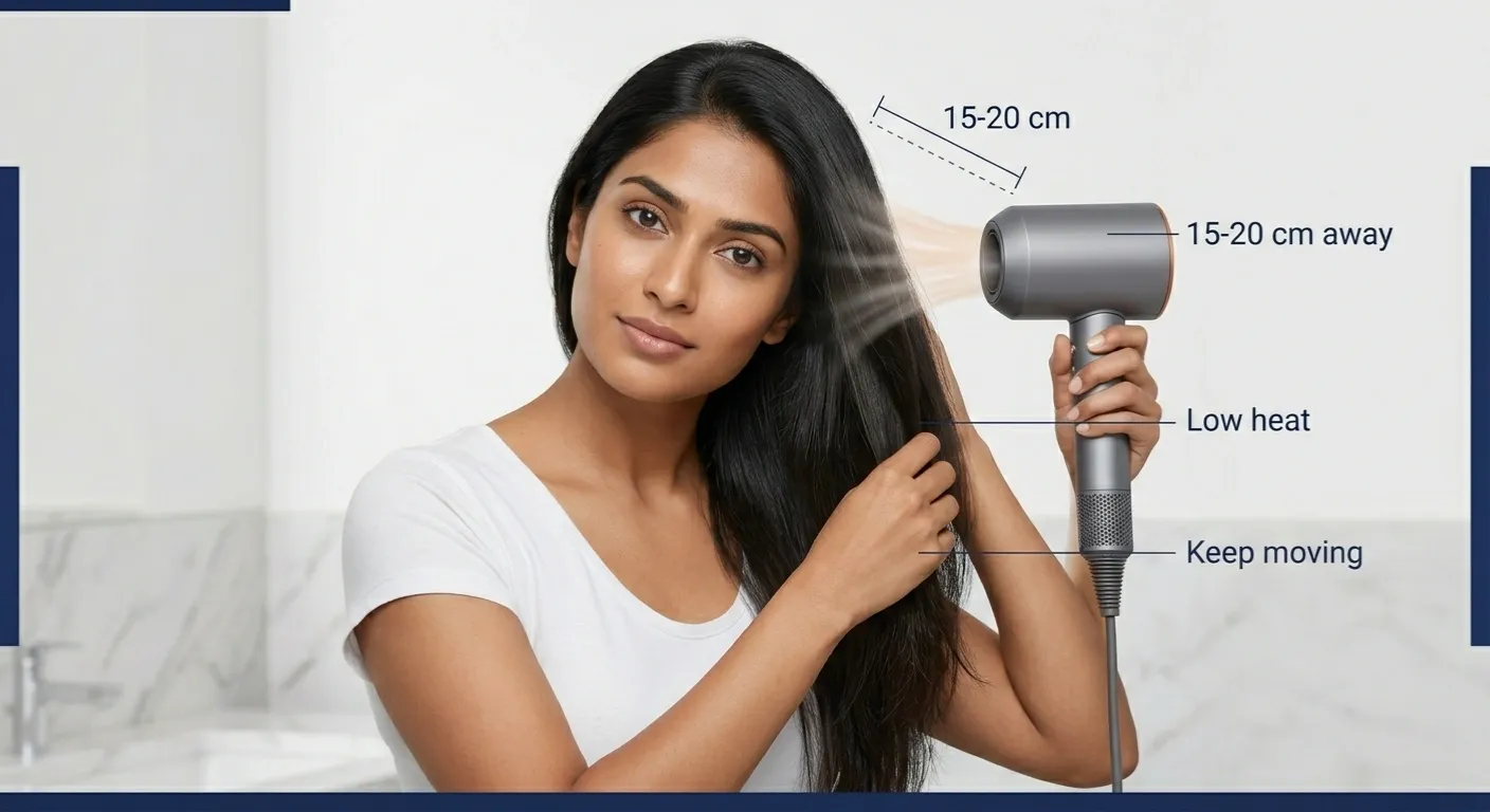 Safe blow-drying distance showing a hair dryer held 15 to 20 cm away from the scalp
