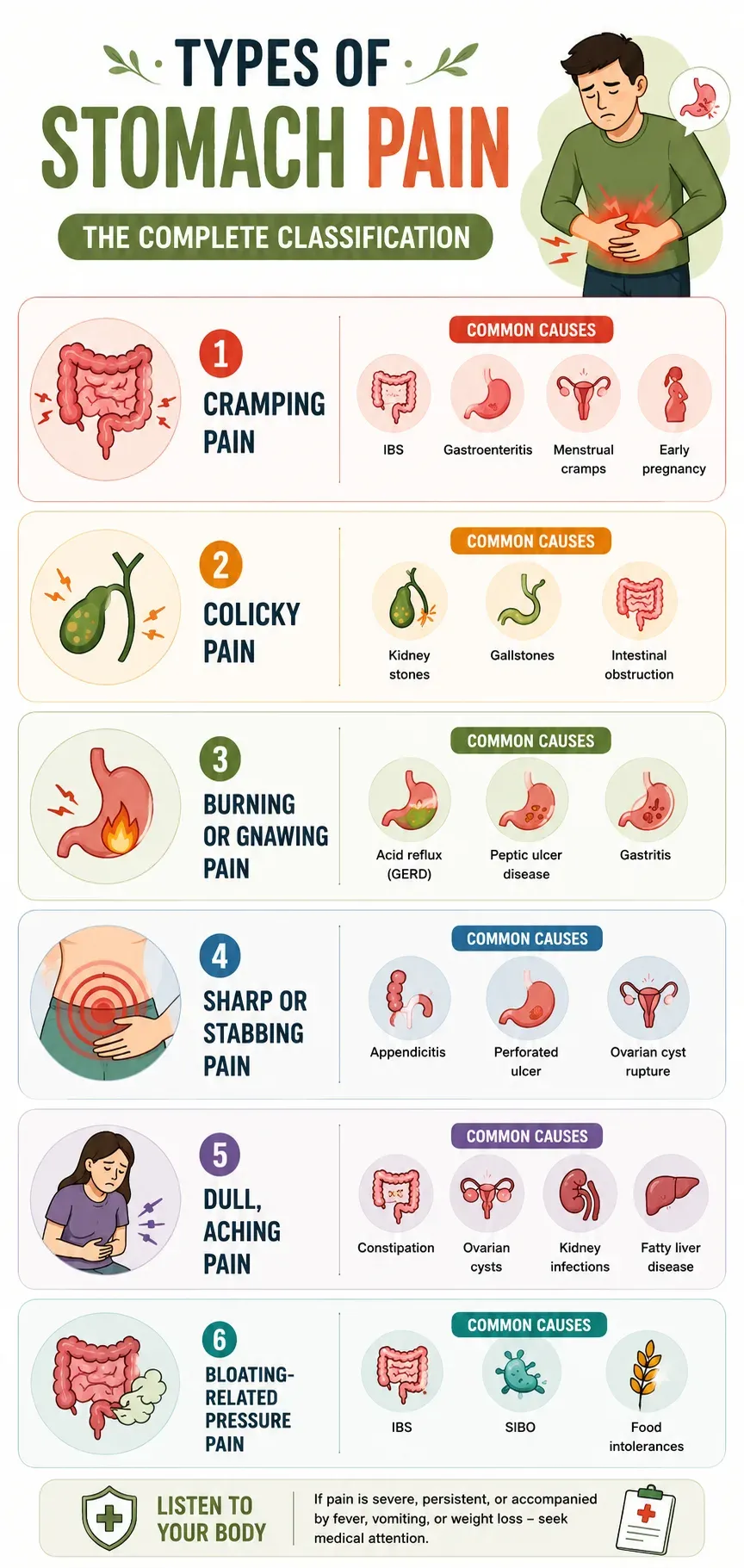 Types of stomach pain by location infographic