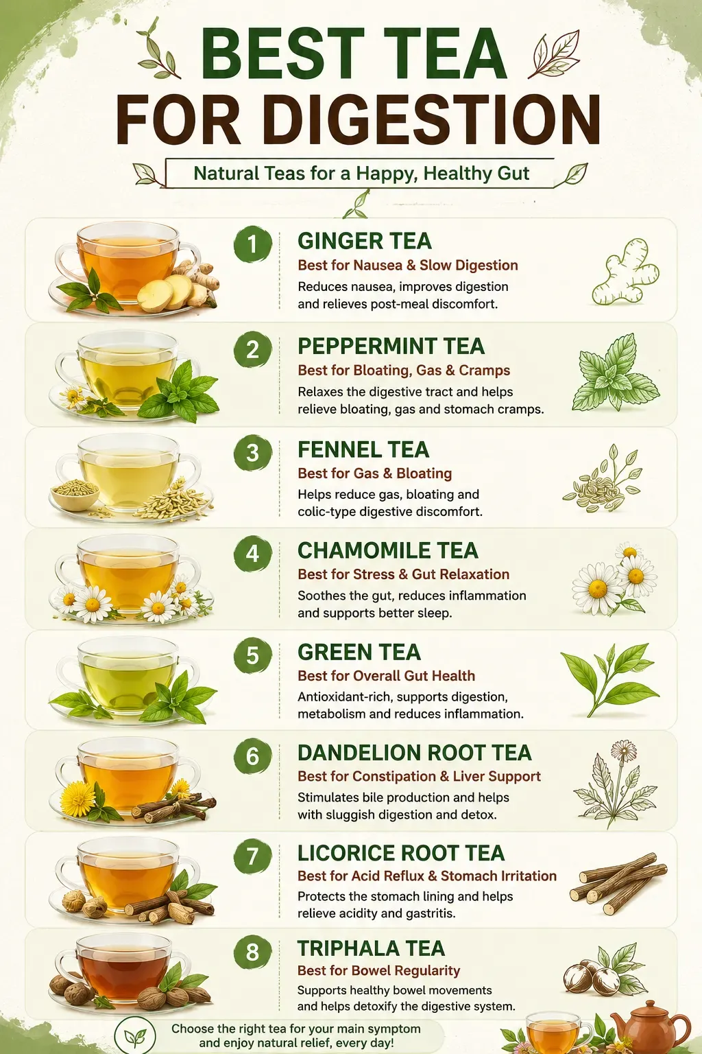 Infographic showing the best teas for digestion by symptom, including ginger, peppermint, fennel, chamomile, green tea, dandelion root, licorice root and triphala tea.