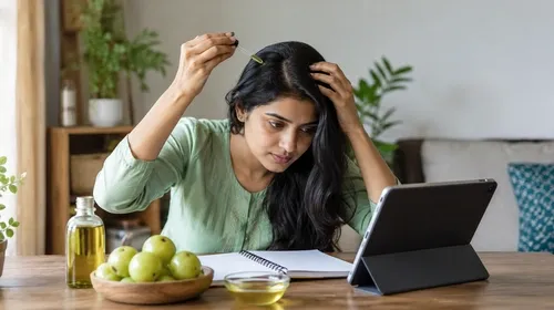 Fresh amla fruit and amla hair oil used while reviewing evidence for hair growth and scalp health