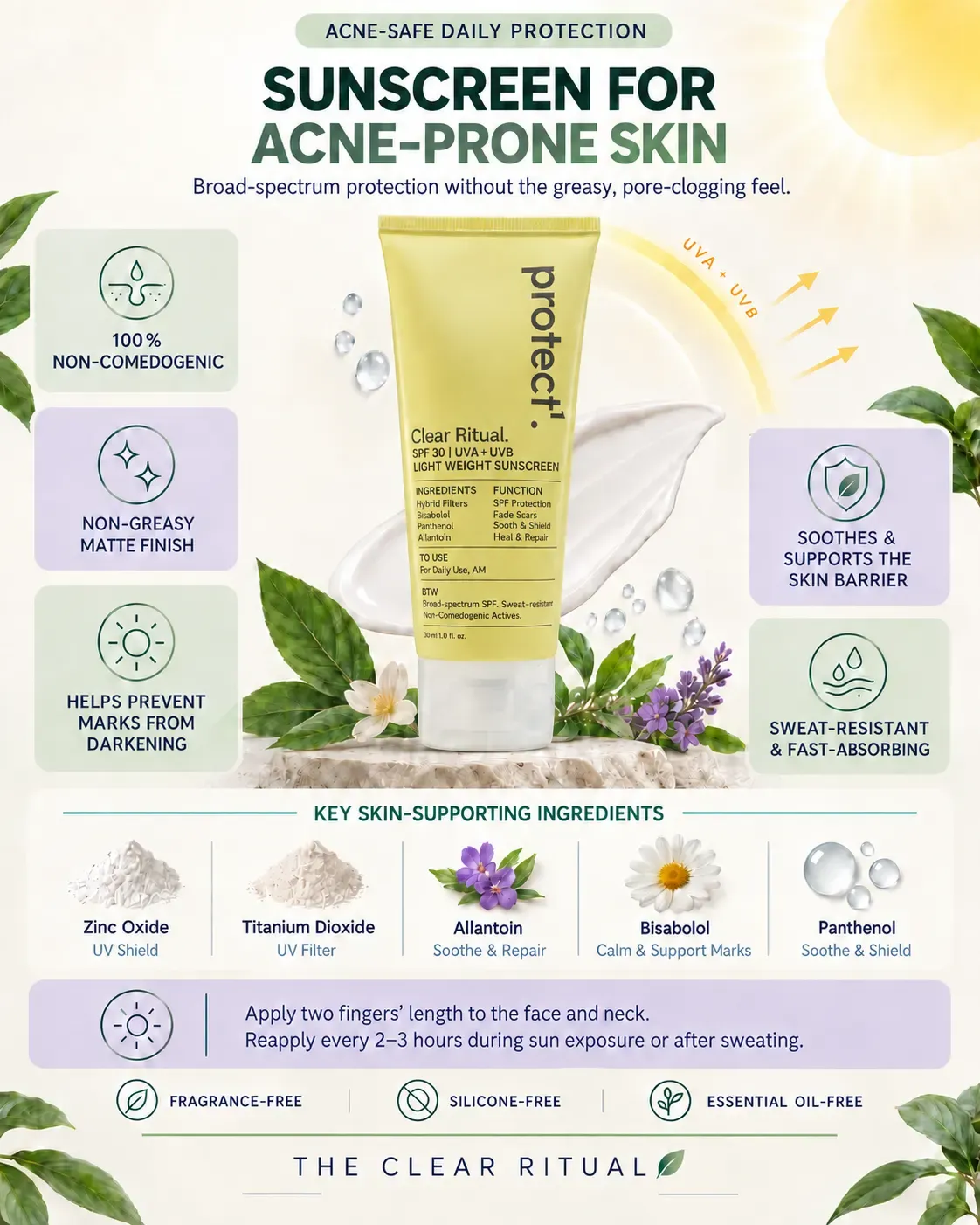 Sunscreen for acne-prone skin infographic showing UV protection, skin benefits, ingredients and application guidance