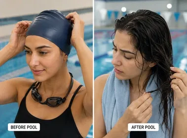 Swimmer protecting hair from chlorine damage before and after pool exposure