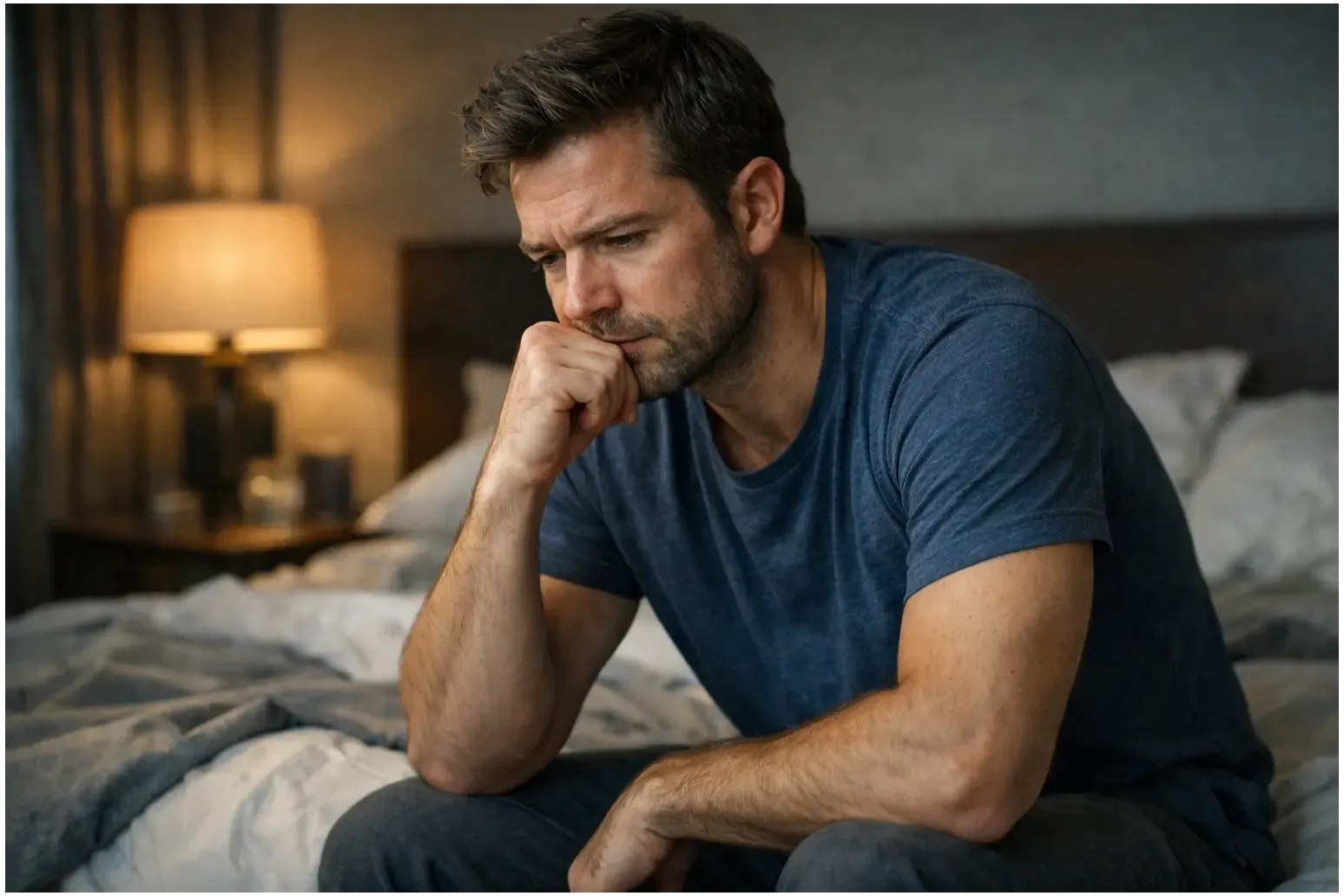 Man in thoughtful consultation considering health concerns and side effect risks before starting DHT blocker medication treatment