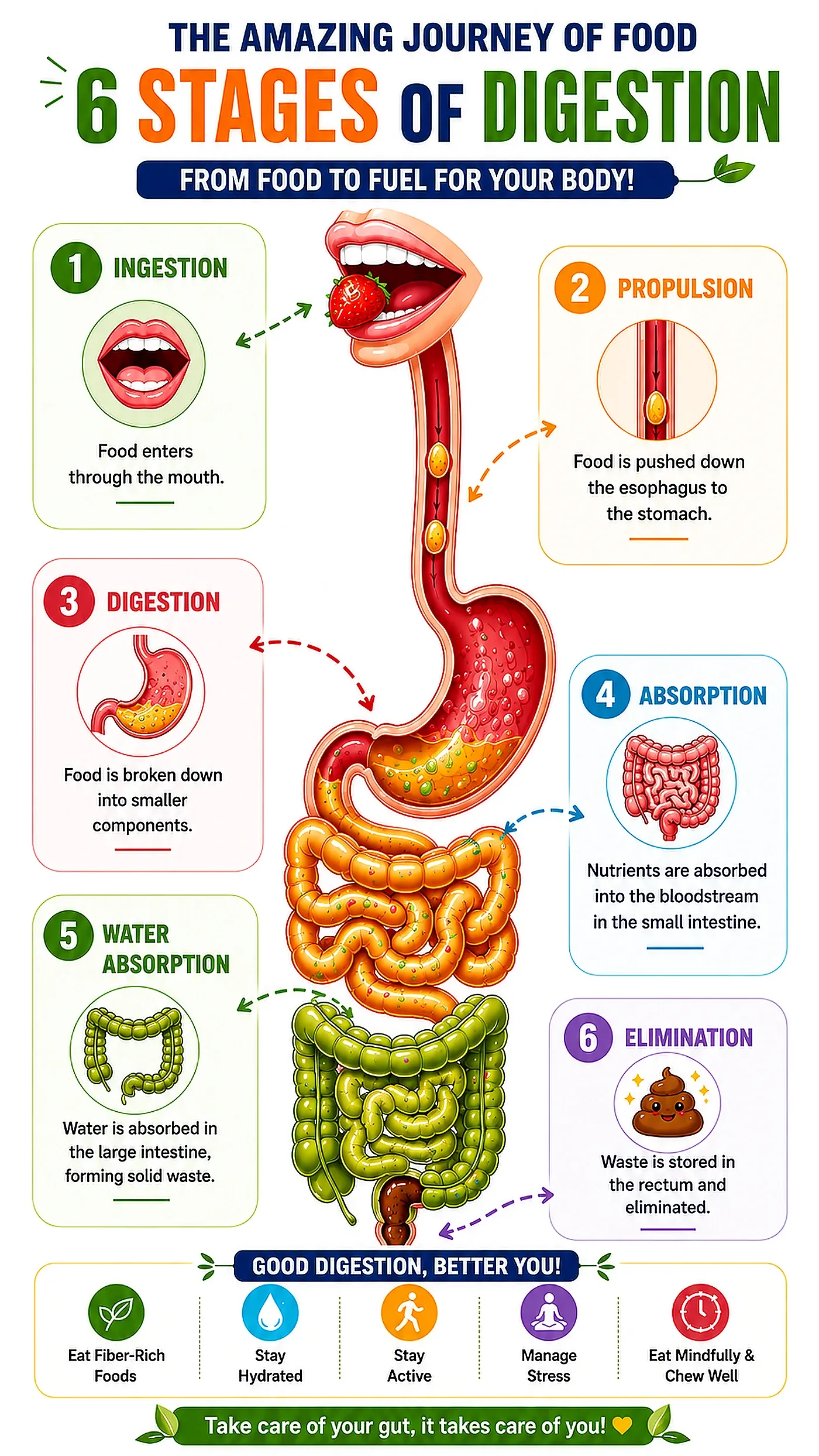Infographic showing the 6 stages of digestion from ingestion to elimination